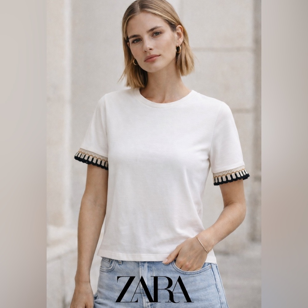 Zara Tee with Black and Cream Crochet Trim